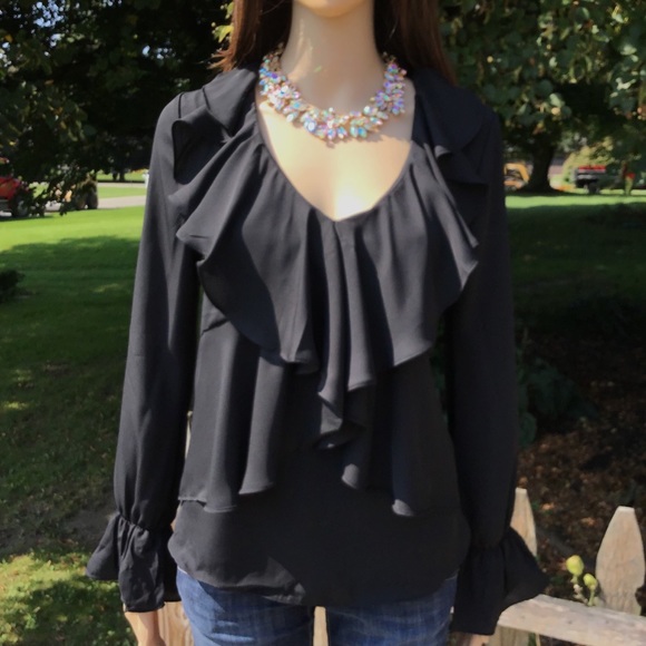 VINTAGE LOOKING  BLACK WATERFALL RUFFLE BLOUSE - Picture 8 of 8